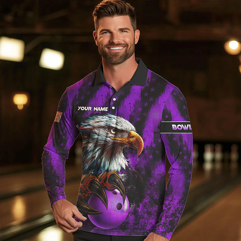 American Flag Eagle Mens Bowling Polo, 1/4 Zip Shirt Custom Patriotic Bowling Team Jersey | Purple NQS9756