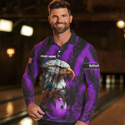 American Flag Eagle Mens Bowling Polo, 1/4 Zip Shirt Custom Patriotic Bowling Team Jersey | Purple NQS9756