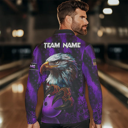 American Flag Eagle Mens Bowling Polo, 1/4 Zip Shirt Custom Patriotic Bowling Team Jersey | Purple NQS9756