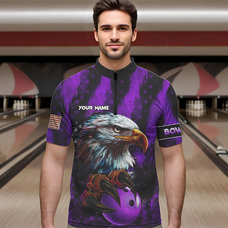 American Flag Eagle Mens Bowling Polo, 1/4 Zip Shirt Custom Patriotic Bowling Team Jersey | Purple NQS9756