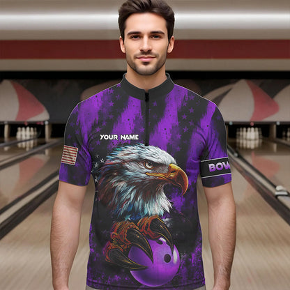 American Flag Eagle Mens Bowling Polo, 1/4 Zip Shirt Custom Patriotic Bowling Team Jersey | Purple NQS9756