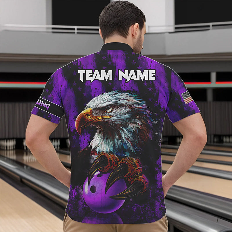 American Flag Eagle Mens Bowling Polo, 1/4 Zip Shirt Custom Patriotic Bowling Team Jersey | Purple NQS9756