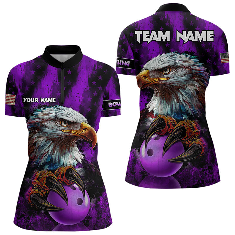 American Flag Eagle Women Bowling Polo, 1/4 Zip Shirt Custom Patriotic Bowling Team Jersey | Purple NQS9756