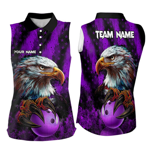 American Flag Eagle Bowling Sleeveless Polo Shirt Custom Name Patriotic Bowling Team Jersey | Purple NQS9756
