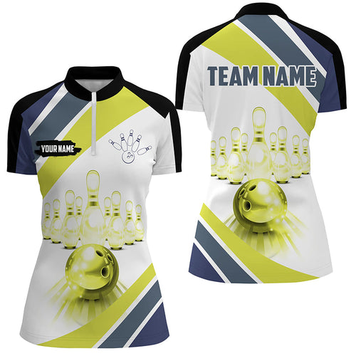 Lime green Light Bowling Quarter Zip Shirt for Women Custom Bowling ball and pins Team League Jerseys NQS7534