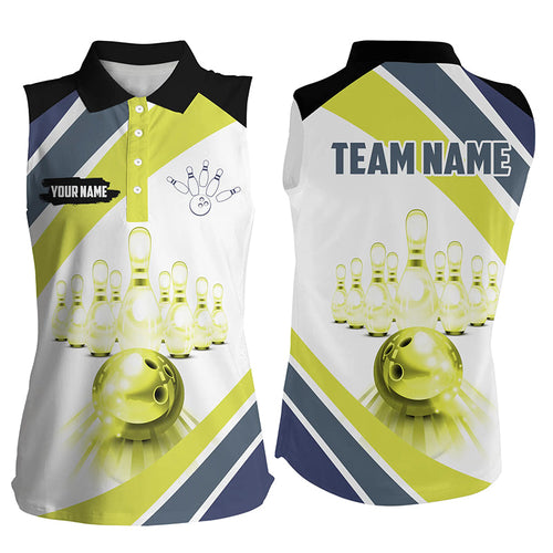 Lime green Light Women Bowling Sleeveless Polo Shirt Custom Bowling ball and pins Team League Jerseys NQS7534