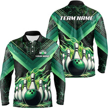 Load image into Gallery viewer, Mens Bowling polo, quarter zip shirts Custom Flame bowling team Jerseys, gift for bowlers | Green NQS7674