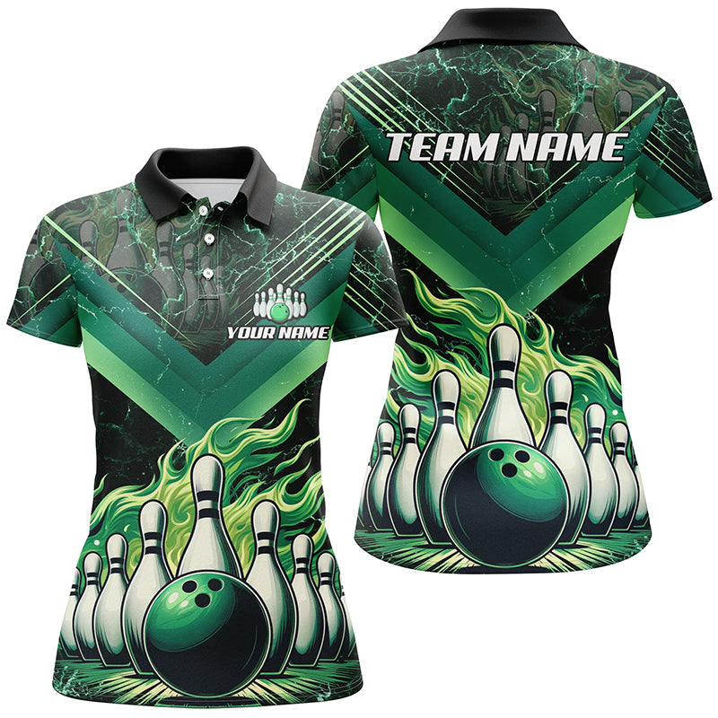 Womens Bowling polo, quarter zip shirts Custom Flame bowling team Jerseys, gift for bowlers | Green NQS7674