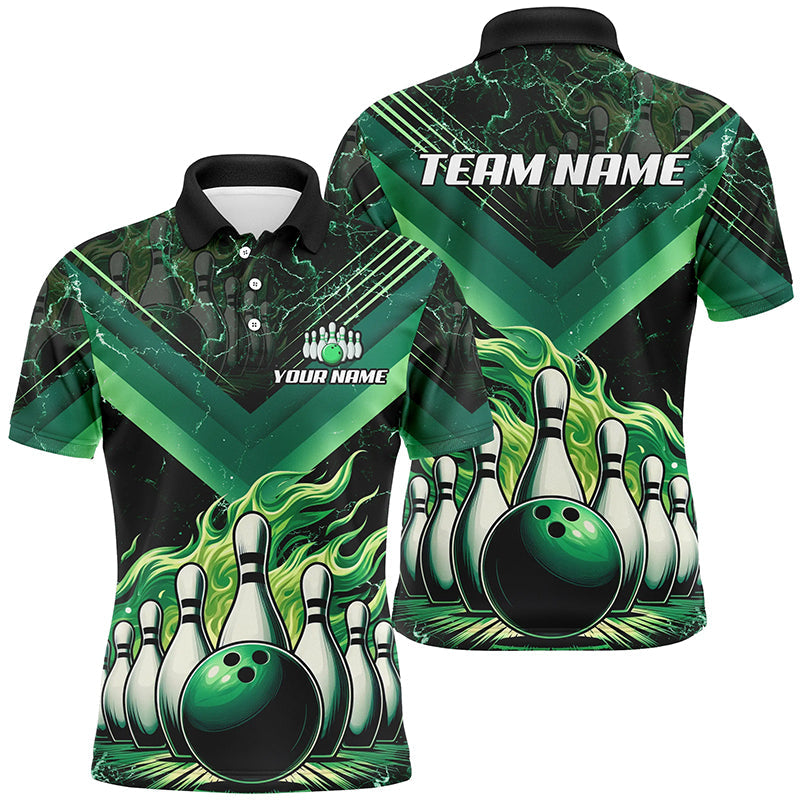 Mens Bowling polo, quarter zip shirts Custom Flame bowling team Jerseys, gift for bowlers | Green NQS7674