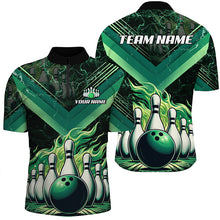 Load image into Gallery viewer, Mens Bowling polo, quarter zip shirts Custom Flame bowling team Jerseys, gift for bowlers | Green NQS7674