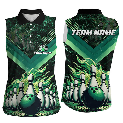 Women sleeveless polo shirts Custom Flame bowling team league Jerseys, gift for bowlers | Green NQS7674