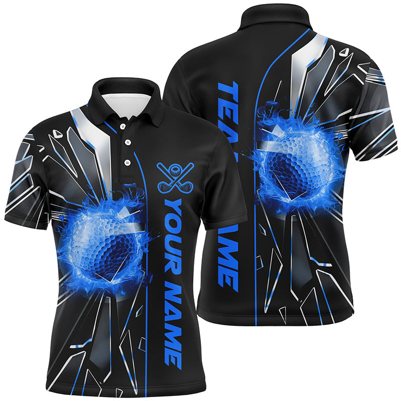 Black and Blue fire golf ball broken glass custom Mens golf polo shirts, golf gifts for men NQS7676