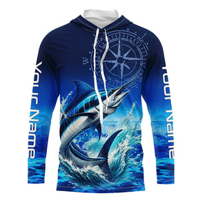Personalized Marlin Blue Long Sleeve Performance Fishing Shirts, Marlin compass tournament Shirts NQS5816