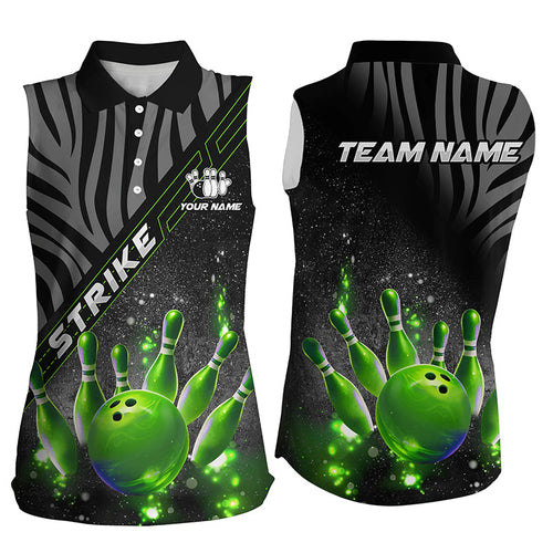 Personalized Black Camo Green Glitter custom Sleeveless polo bowling shirts, girls bowling outfit NQS8342