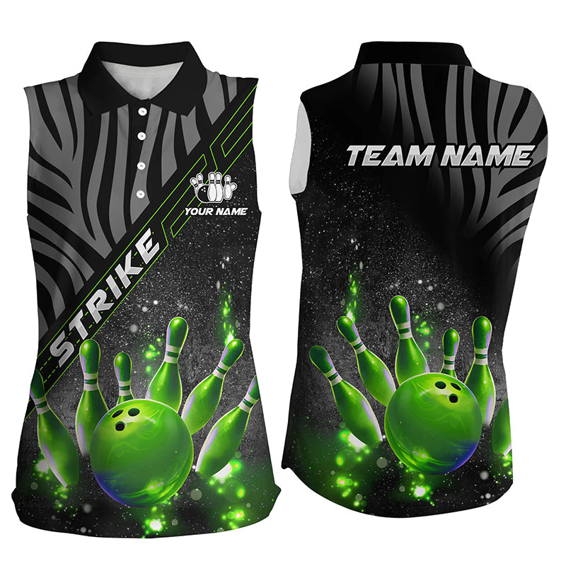 Personalized Black Camo Green Glitter custom Sleeveless polo bowling shirts, girls bowling outfit NQS8342