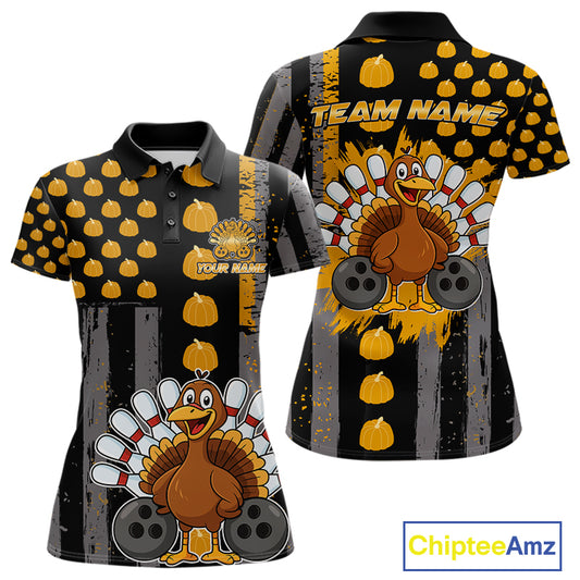 Funny Bowling Shirts For Women Pumpkin American Flag Turkey Thanksgiving Custom turkey bowl shirts NQS10943