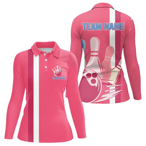 Pink Retro Women Bowling Polo, Quarter Zip shirt Custom team bowling jerseys, vintage bowling uniform NQS9275