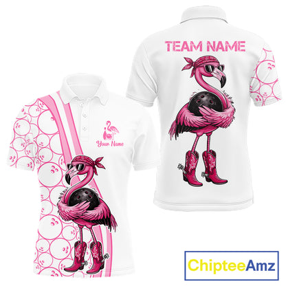 Funny Cute Pink Flamingo Custom White and Pink Bowling Shirts For Men, Flamingo Bowling Team Outfits NQS11544