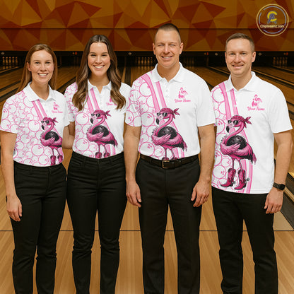 Funny Cute Pink Flamingo Custom White and Pink Bowling Shirts For Men, Flamingo Bowling Team Outfits NQS11544