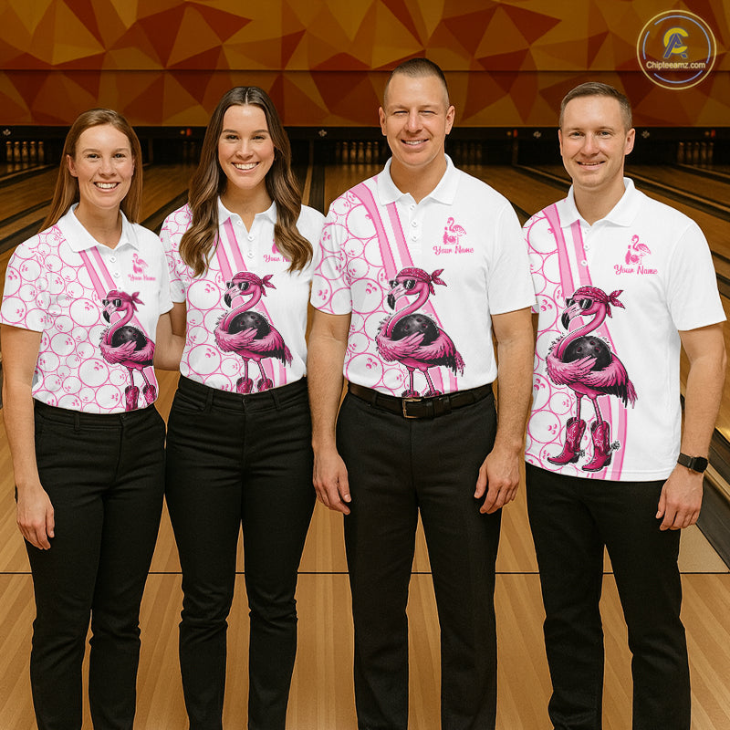 Funny Cute Pink Flamingo Custom White & Pink Bowling Shirts For Ladies, Flamingo Bowling Team Outfits NQS11544