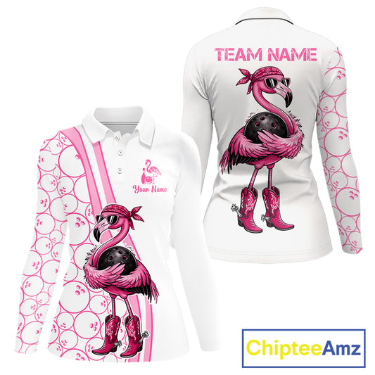 Funny Cute Pink Flamingo Custom White & Pink Bowling Shirts For Ladies, Flamingo Bowling Team Outfits NQS11544