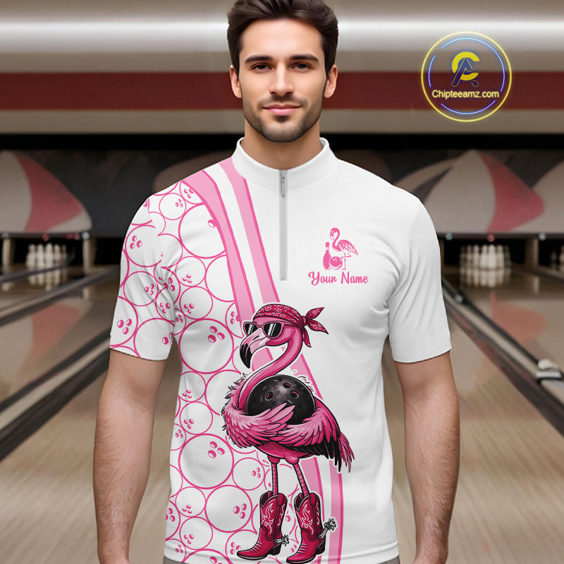 Funny Cute Pink Flamingo Custom White and Pink Bowling Shirts For Men, Flamingo Bowling Team Outfits NQS11544