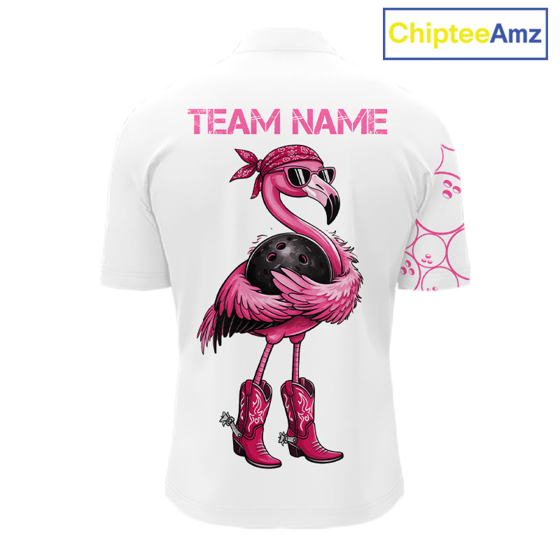 Funny Cute Pink Flamingo Custom White and Pink Bowling Shirts For Men, Flamingo Bowling Team Outfits NQS11544