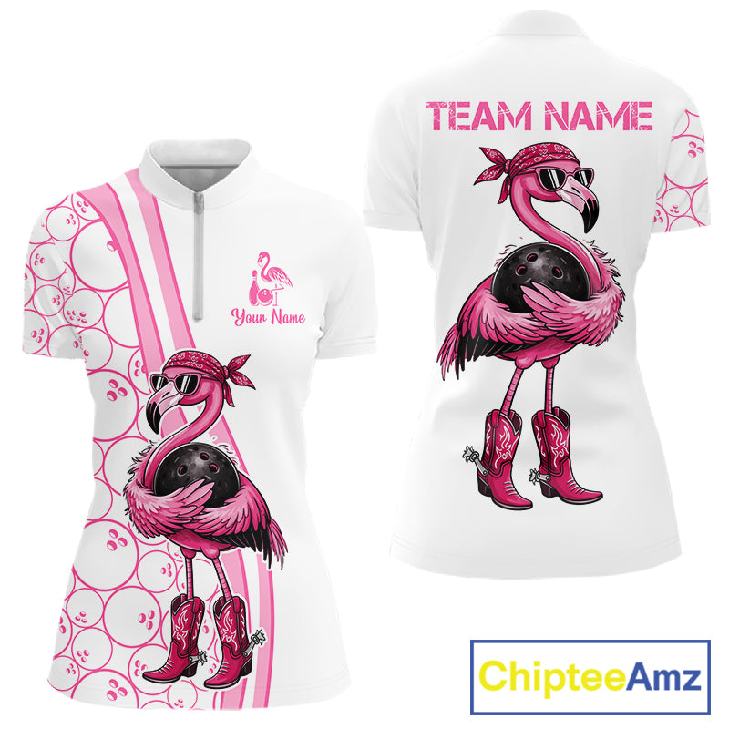 Funny Cute Pink Flamingo Custom White & Pink Bowling Shirts For Ladies, Flamingo Bowling Team Outfits NQS11544
