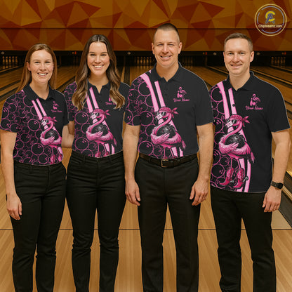 Funny Cute Pink Flamingo Custom Black & Pink Bowling Shirts For Ladies, Flamingo Bowling Team Outfits NQS11545