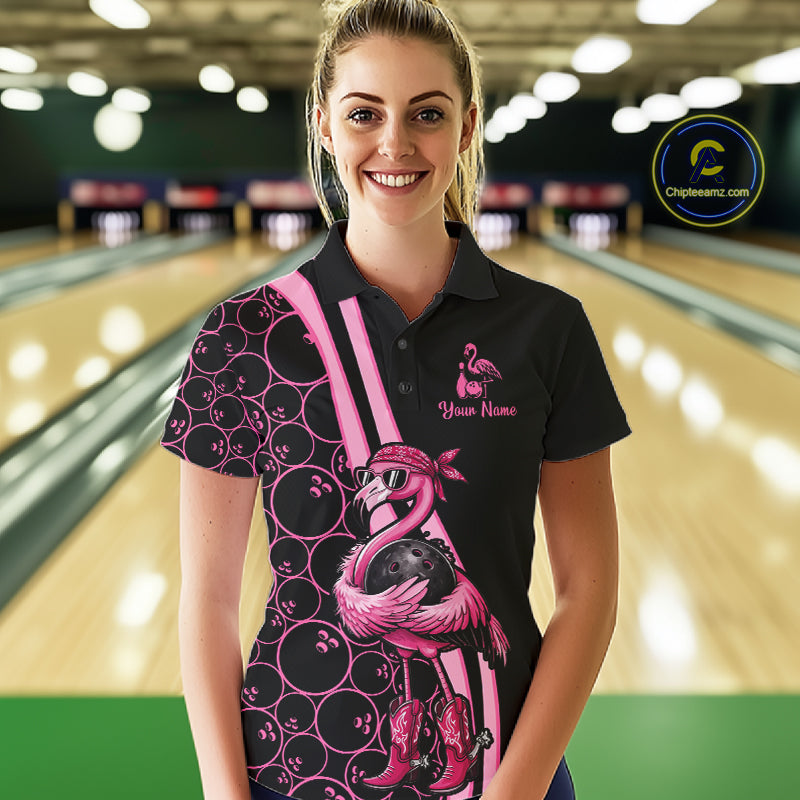 Funny Cute Pink Flamingo Custom Black & Pink Bowling Shirts For Ladies, Flamingo Bowling Team Outfits NQS11545