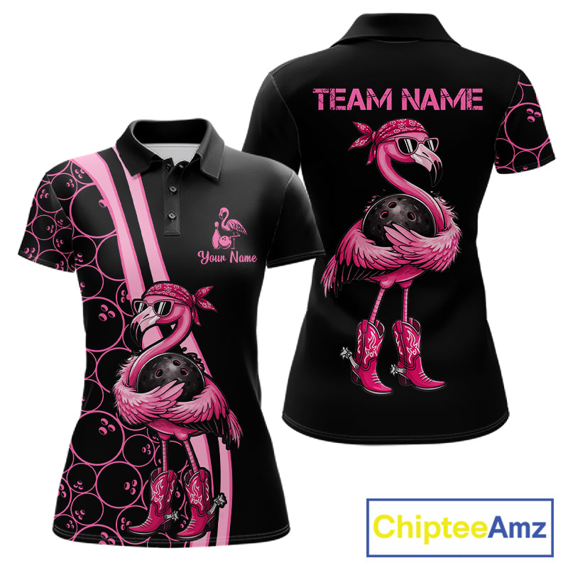 Funny Cute Pink Flamingo Custom Black & Pink Bowling Shirts For Ladies, Flamingo Bowling Team Outfits NQS11545