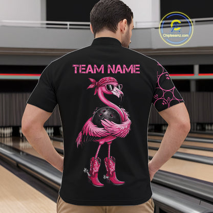 Funny Cute Pink Flamingo Custom Black and Pink Bowling Shirts For Men, Flamingo Bowling Team Outfits NQS11545