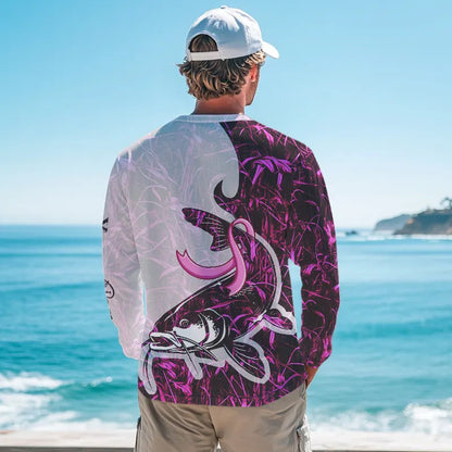 Catfish fishing pink Camo ribbon Breast Cancer Custom name sun protection long sleeves fishing shirts NQS9760