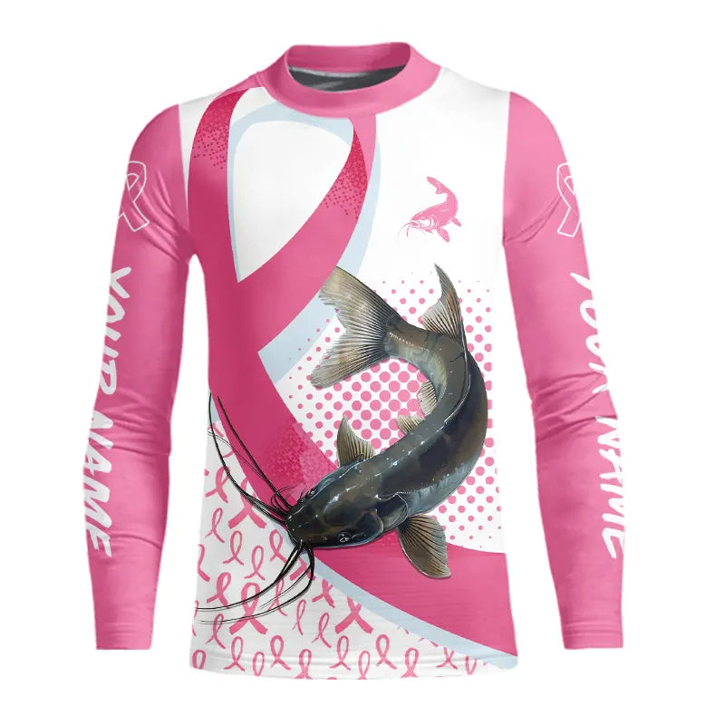 Pink ribbon pattern Catfish fishing Breast Cancer Custom sun protection long sleeves fishing shirts NQS9761