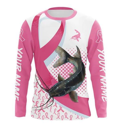 Pink ribbon pattern Catfish fishing Breast Cancer Custom sun protection long sleeves fishing shirts NQS9761
