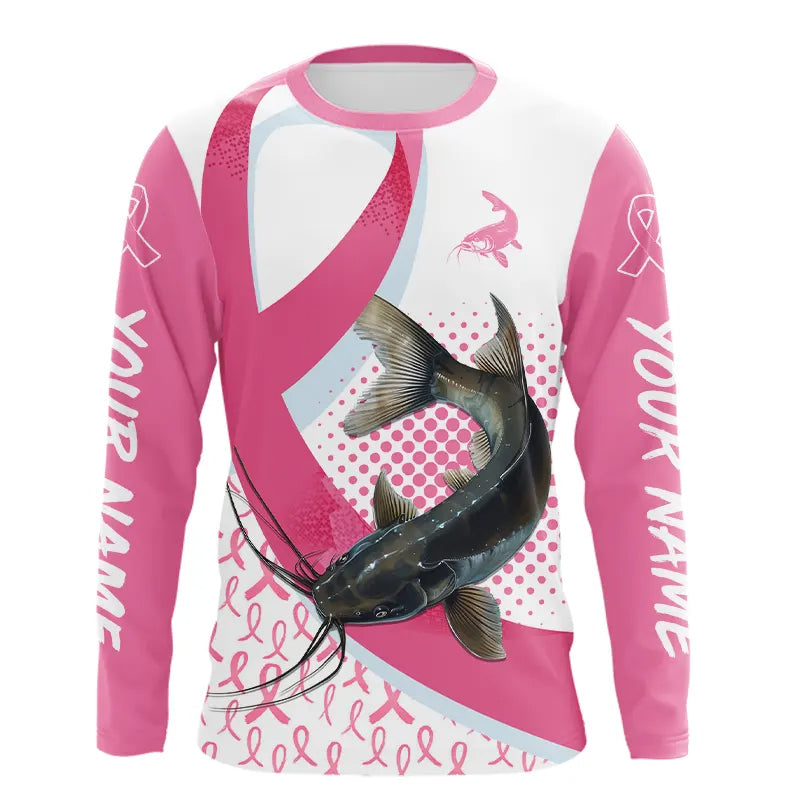 Pink ribbon pattern Catfish fishing Breast Cancer Custom sun protection long sleeves fishing shirts NQS9761