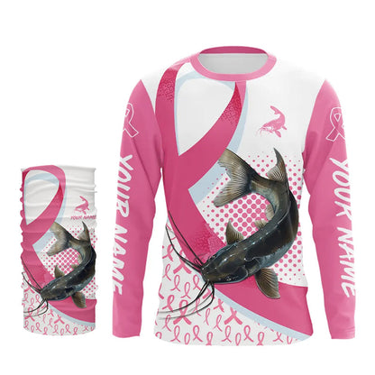 Pink ribbon pattern Catfish fishing Breast Cancer Custom sun protection long sleeves fishing shirts NQS9761