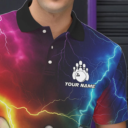 Mens Bowling shirts Custom Colorful Rainbow Lightning Thunder Bowling ball and pins Team bowler Jersey NQS9767