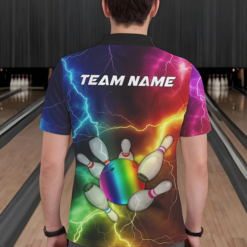 Mens Bowling shirts Custom Colorful Rainbow Lightning Thunder Bowling ball and pins Team bowler Jersey NQS9767
