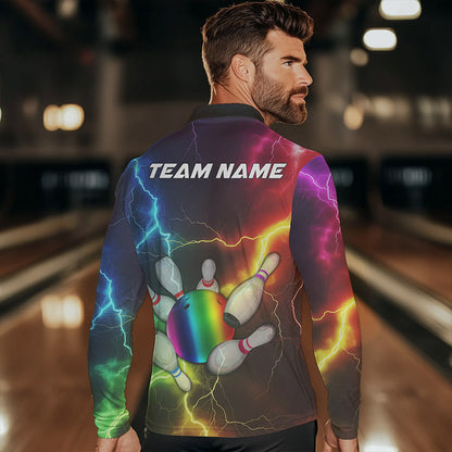 Mens Bowling shirts Custom Colorful Rainbow Lightning Thunder Bowling ball and pins Team bowler Jersey NQS9767