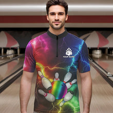 Load image into Gallery viewer, Mens Bowling shirts Custom Colorful Rainbow Lightning Thunder Bowling ball and pins Team bowler Jersey NQS9767