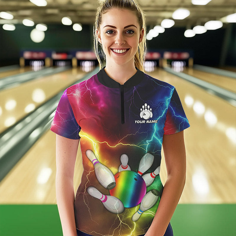 Women Bowling shirt Custom Colorful Rainbow Lightning Thunder Bowling ball and pins Team bowler Jersey NQS9767