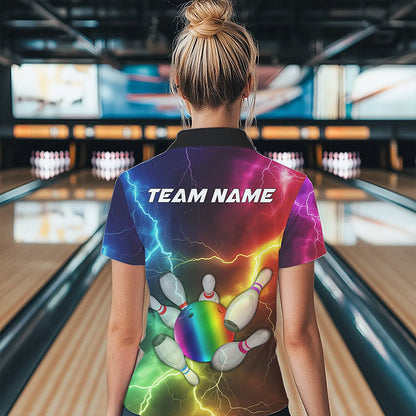 Women Bowling shirt Custom Colorful Rainbow Lightning Thunder Bowling ball and pins Team bowler Jersey NQS9767