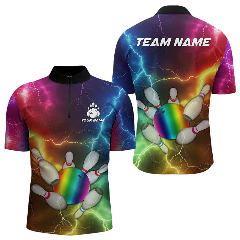 Mens Bowling shirts Custom Colorful Rainbow Lightning Thunder Bowling ball and pins Team bowler Jersey NQS9767