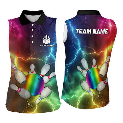 Bowling Sleeveless Polo Shirt  Custom Colorful Rainbow Lightning Thunder Bowling Team bowler shirts NQS9767