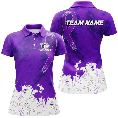 Personalized Purple Ribbons Pattern Bowling Shirts For Women, Custom breast cancer bowling shirts NQS8348