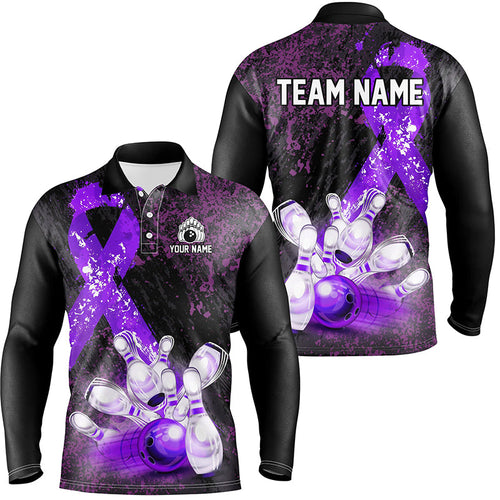 Personalized Purple Ribbons Grunge Bowling Shirts For Men, Custom breast cancer bowling Team shirts NQS8353