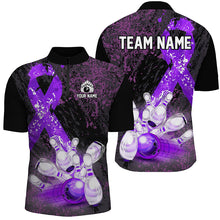 Load image into Gallery viewer, Personalized Purple Ribbons Grunge Bowling Shirts For Men, Custom breast cancer bowling Team shirts NQS8353