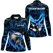 Load image into Gallery viewer, Black and blue camo Flame Eagle Bowling Polo, Quarter Zip shirts for Women custom Bowling Team Jerseys NQS8559
