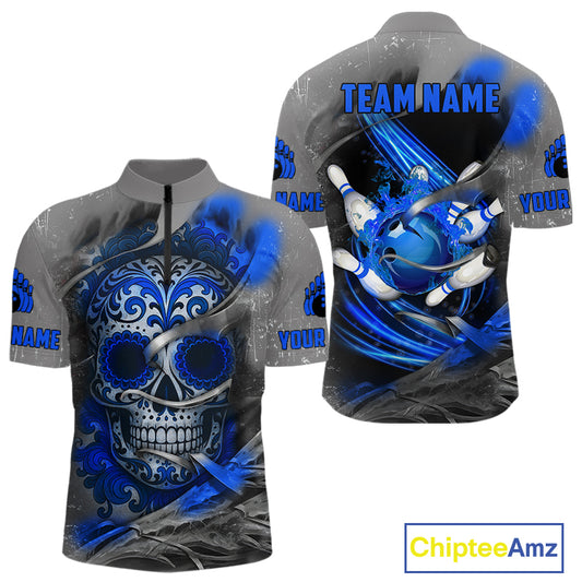 Blue Sugar Skull Tattoo Custom Mens Bowling Polo, Quarter Zip Shirts,Team Bowling Jerseys NQS10947